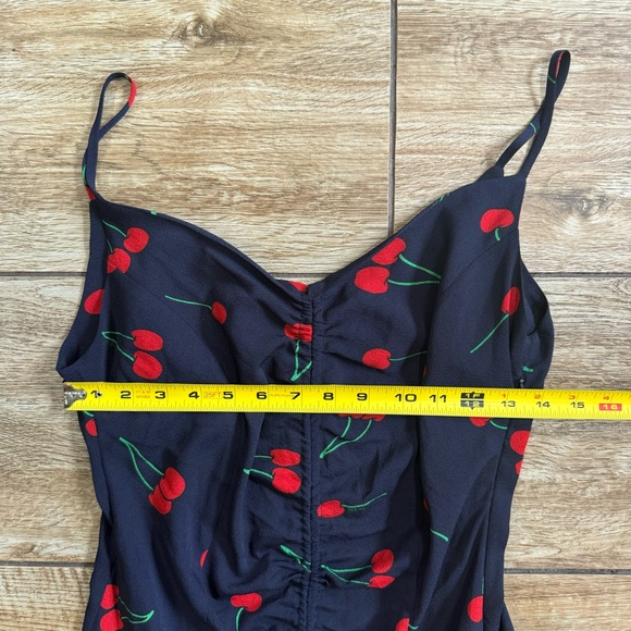 Aqua Cherry print Midi Blue Dress Size Small Red Blue Ruffle Clinch front Dress - Picture 15 of 16